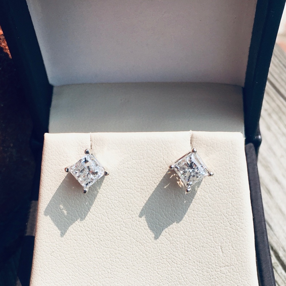 14K White Gold 2.0 CTW Princess Cut Diamond Stud Earrings - Picture 11 of 14